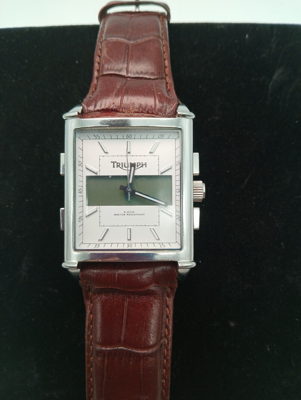 Triumph Rectangular Silver Tone Watch with Brown Leather Strap Very Rare